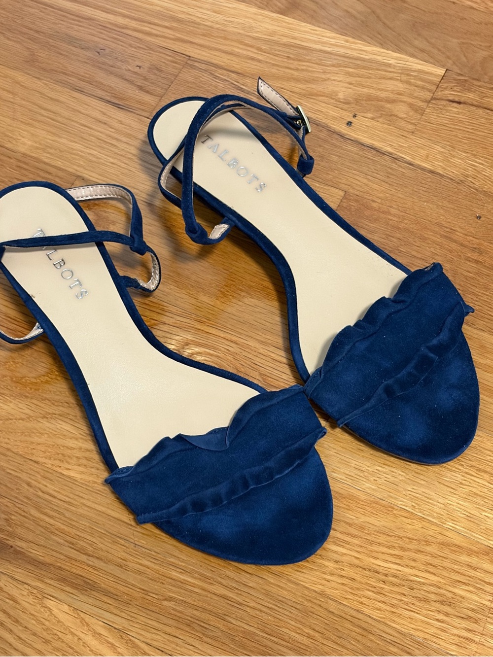 Talbot's Blue Suede Wedge Heel Size 8.5 Ankle Strap Ruffle Open Toe Low Heel